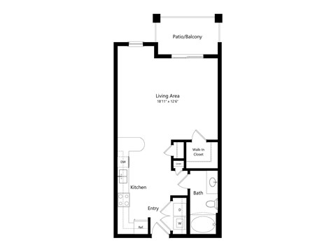 A floor plan of a small apartment with a living area, kitchen, bathroom, and entry.